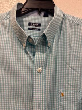 Izod Men’s Teal and White Gingham Button-Down Shirt